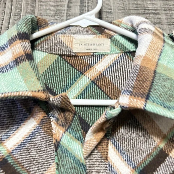 Women's Plaid Button-Down Shirt - Green, Brown, White - Picture 4 of 12